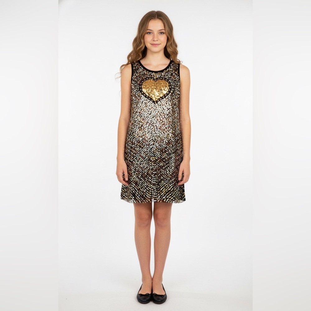 Gold and Black Sequin Heart Kids Dress Sz 14 NWT Valentines Day